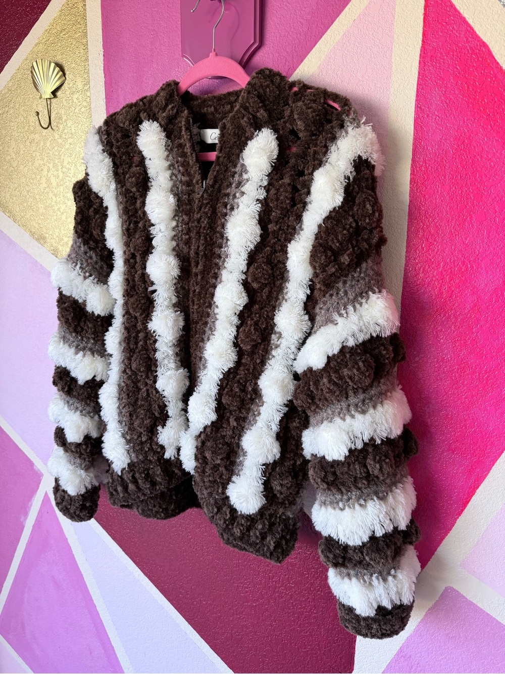 Vintage 90s Cee Brown Stripe Pom-Pom Fuzzy Zip Jacket Novelty Knit XL - Picture 3 of 13